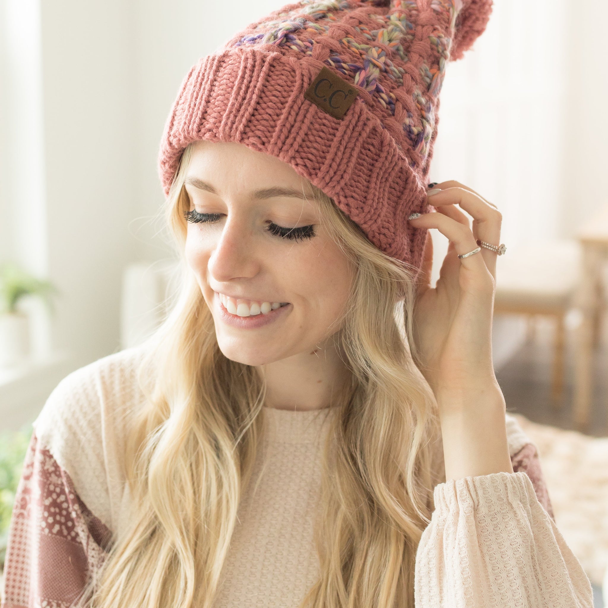 Kelly Mauve Ombre Knit C.C Pom Pom Beanie