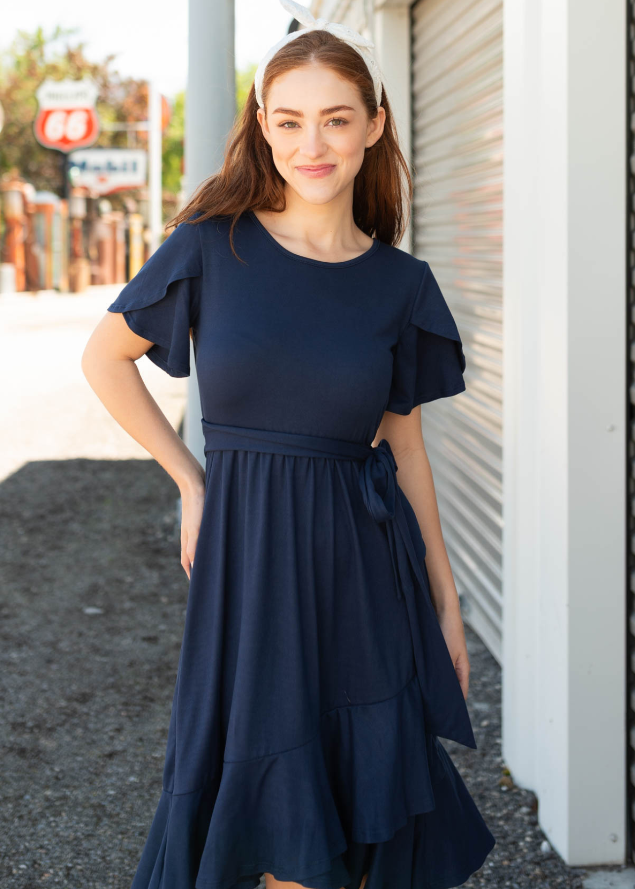 Kendra Navy Ruffle Tie Dress