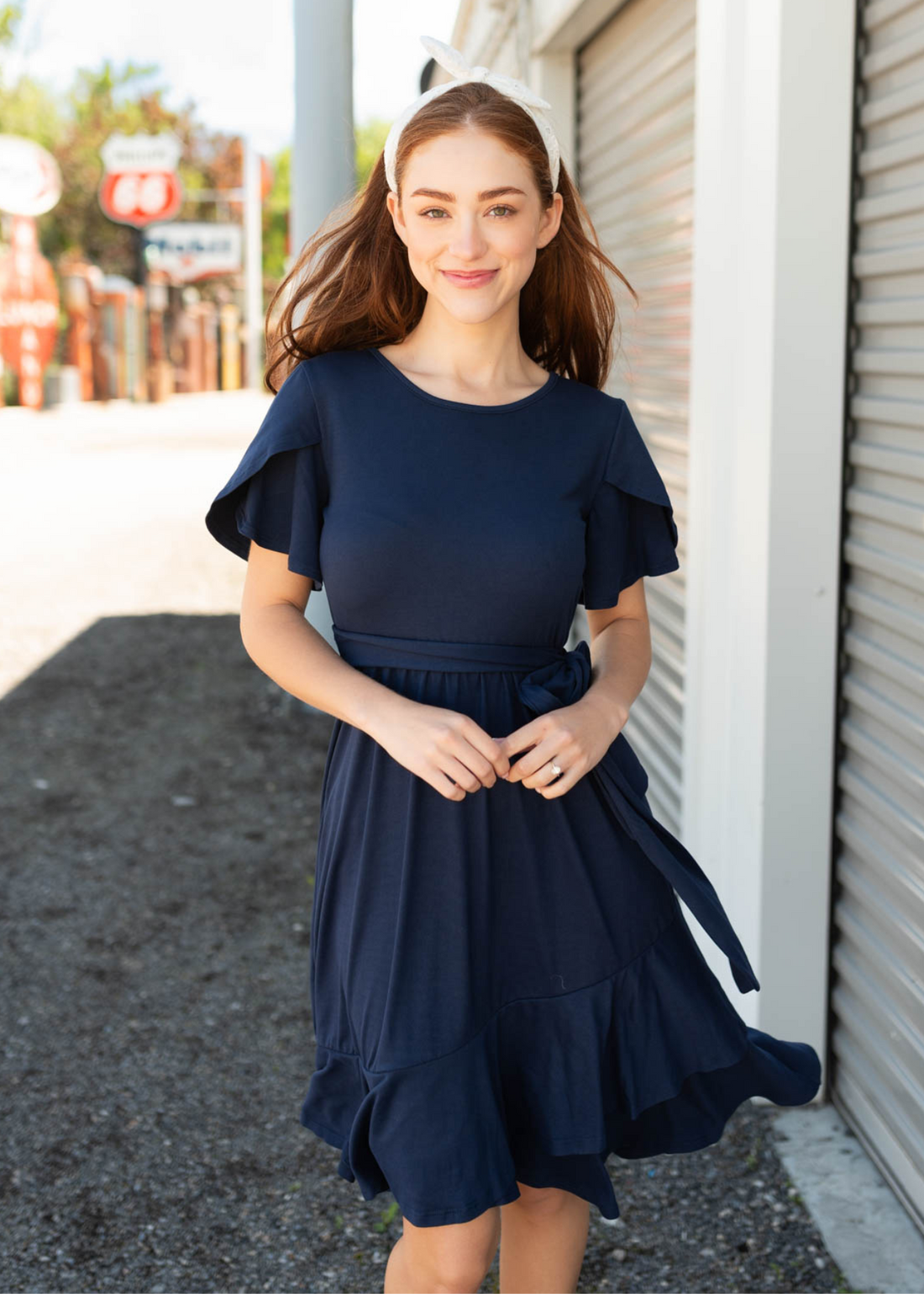 Kendra Navy Ruffle Tie Dress