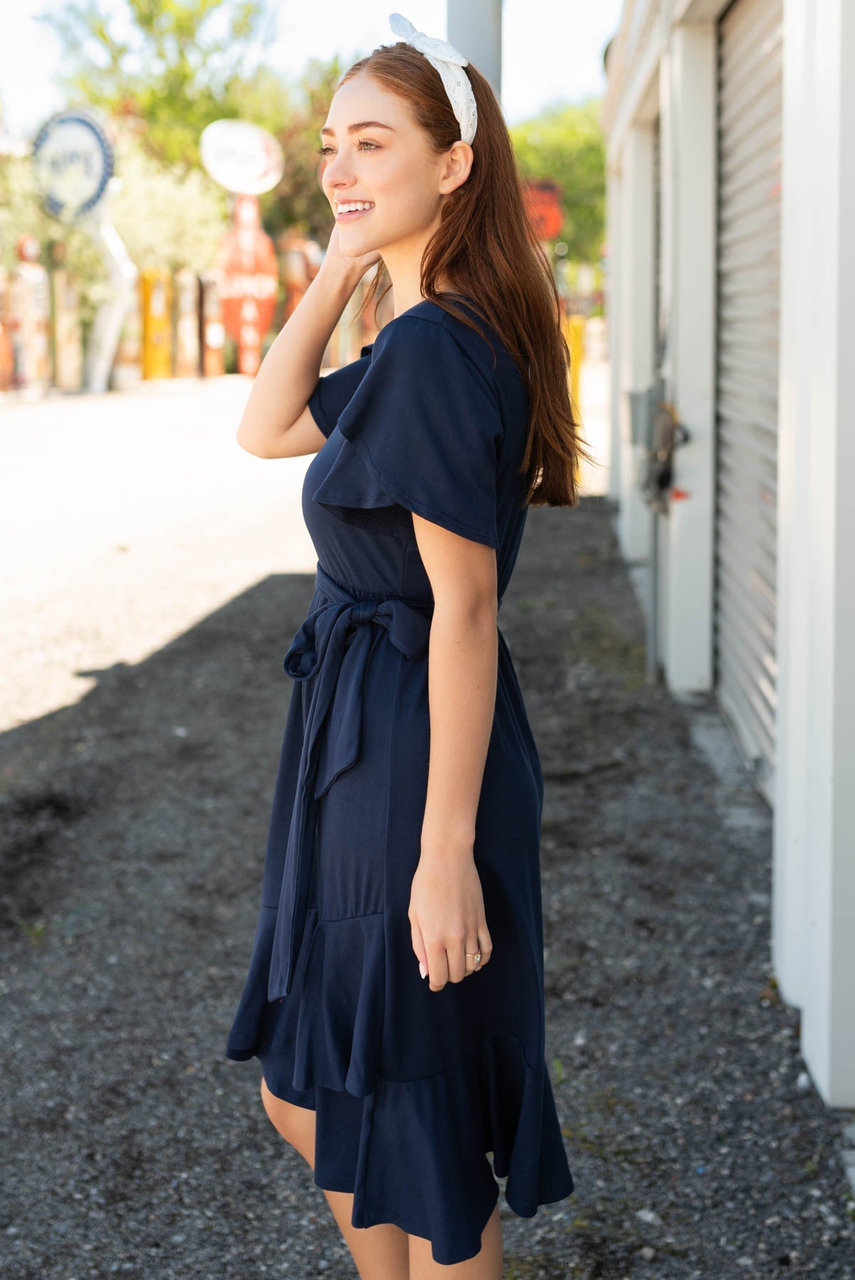Kendra Navy Ruffle Tie Dress