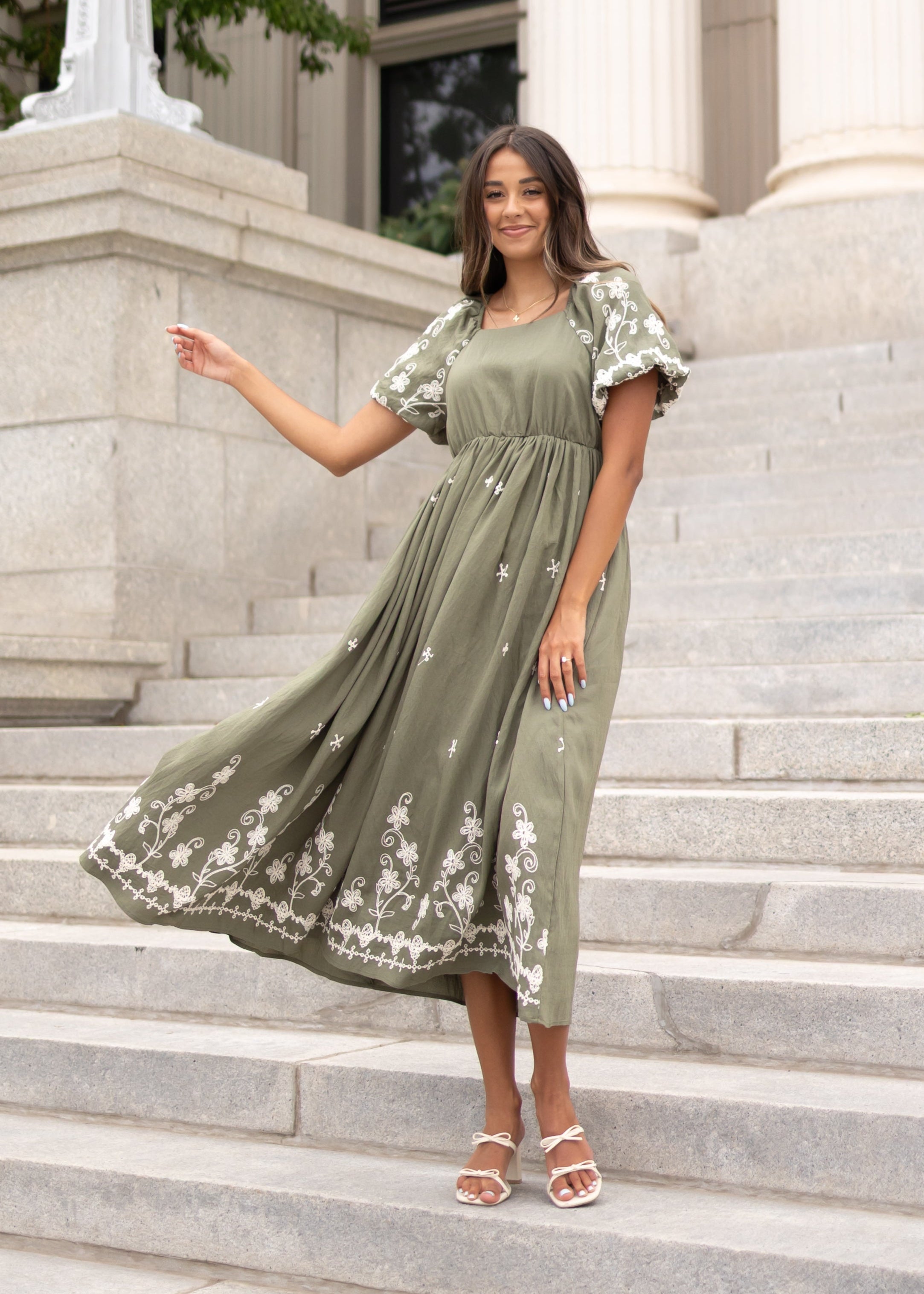 Kiera Olive Embroidered Dress