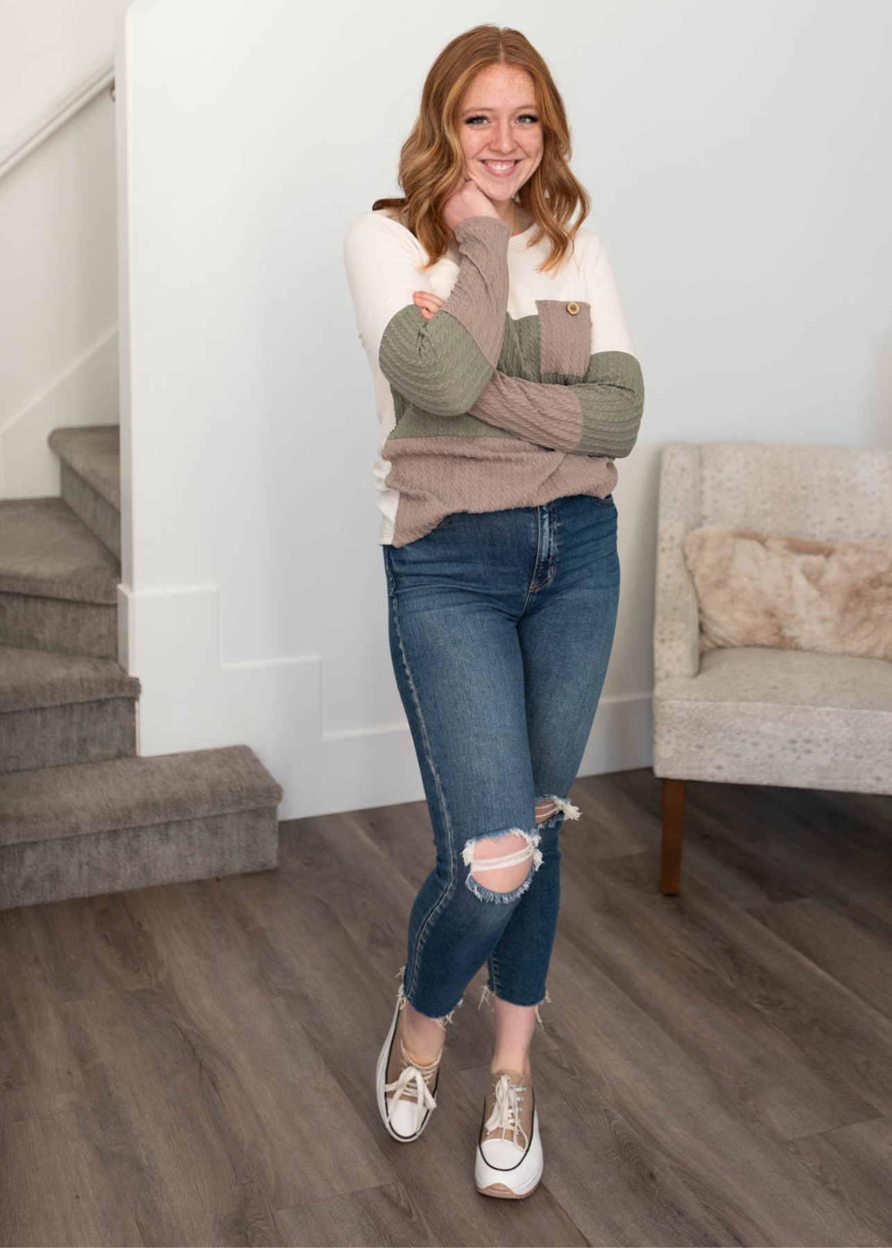 Kimberlyn Olive Pocketed Cable Knit Top