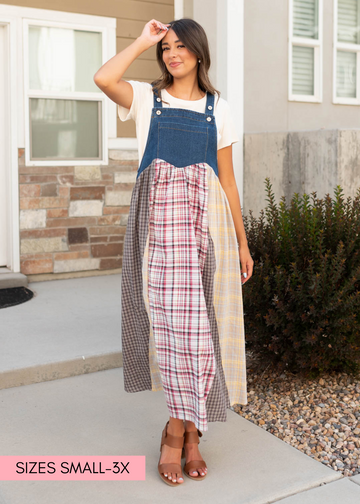 Kinsey Denim Patchwork Plaid Overall Dress