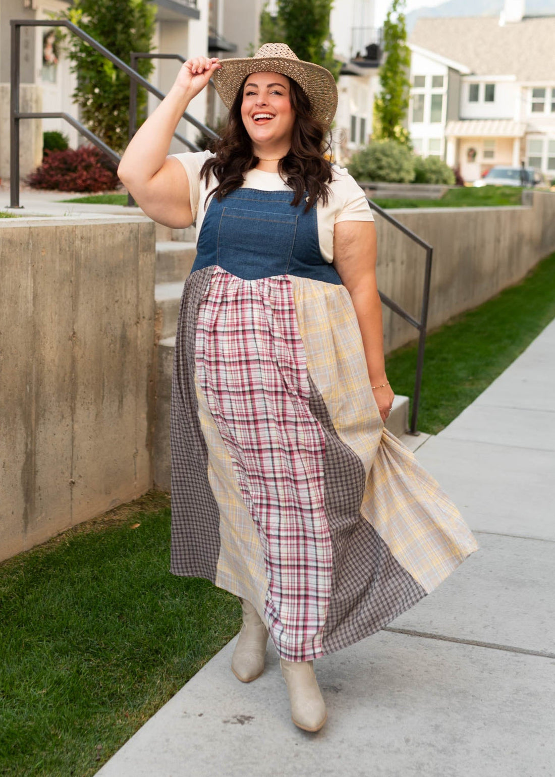 Kinsey Denim Patchwork Plaid Overall Dress