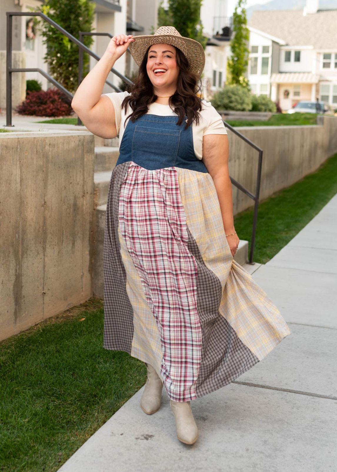 Kinsey Denim Patchwork Plaid Overall Dress