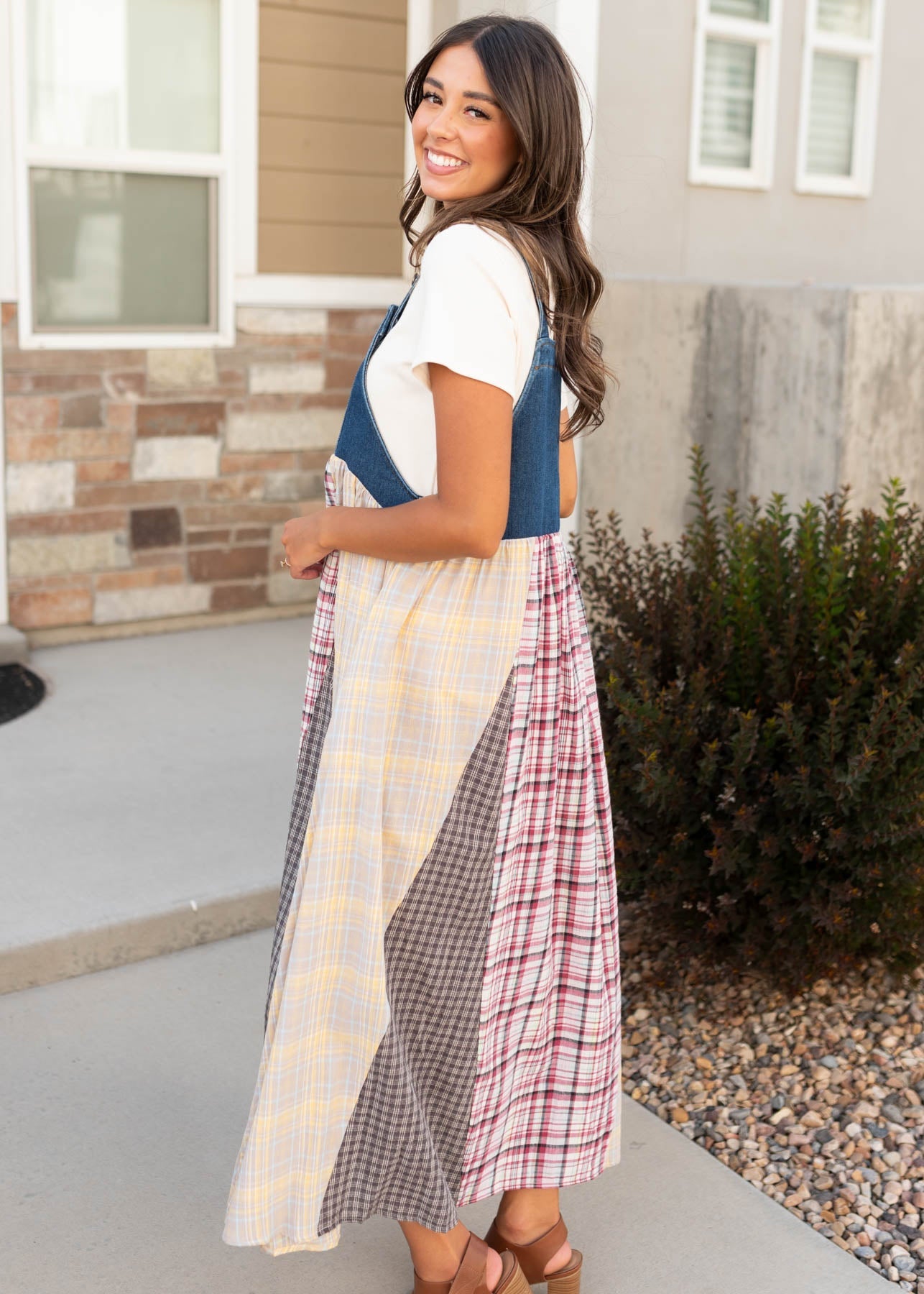 Kinsey Denim Patchwork Plaid Overall Dress