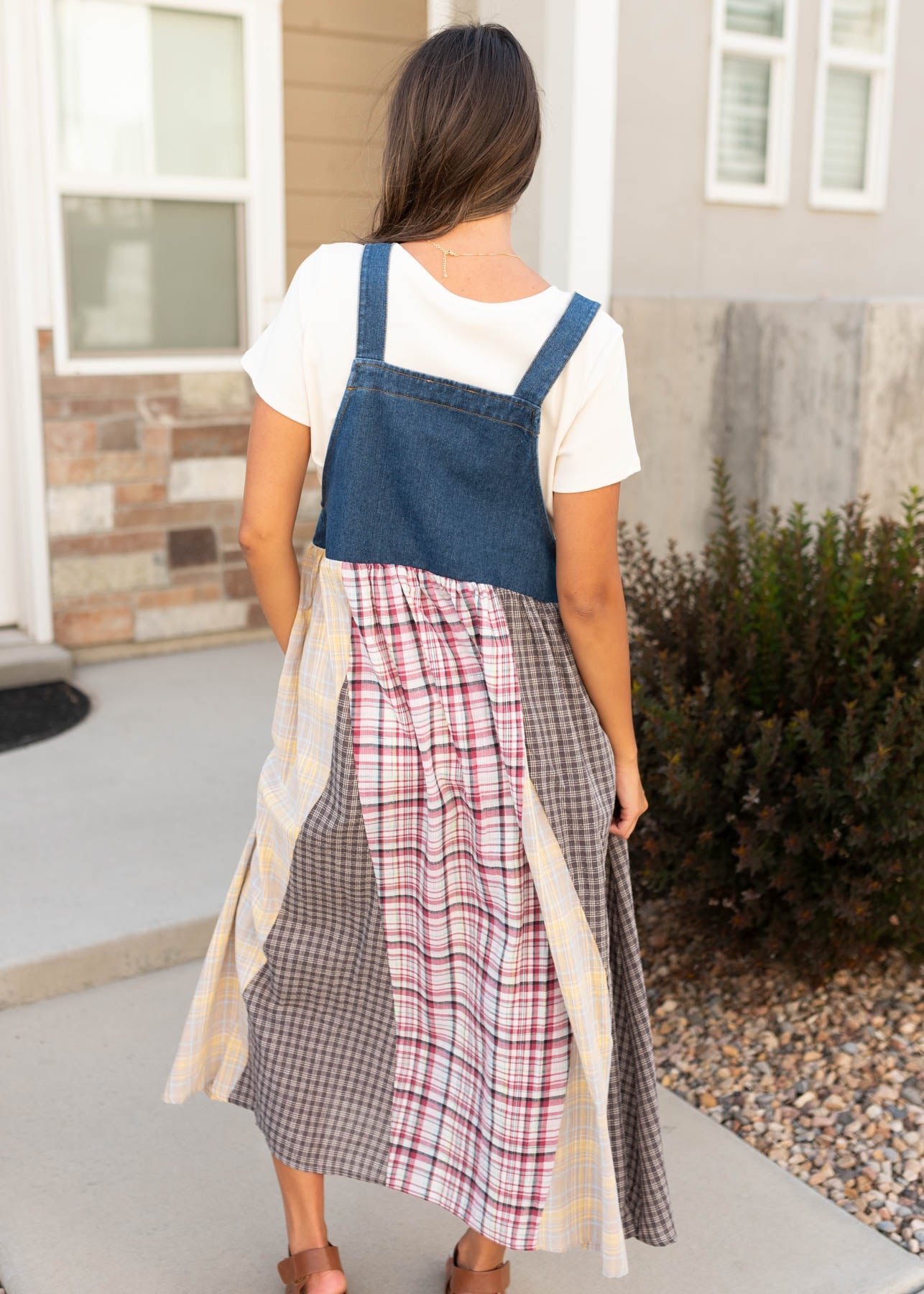 Kinsey Denim Patchwork Plaid Overall Dress