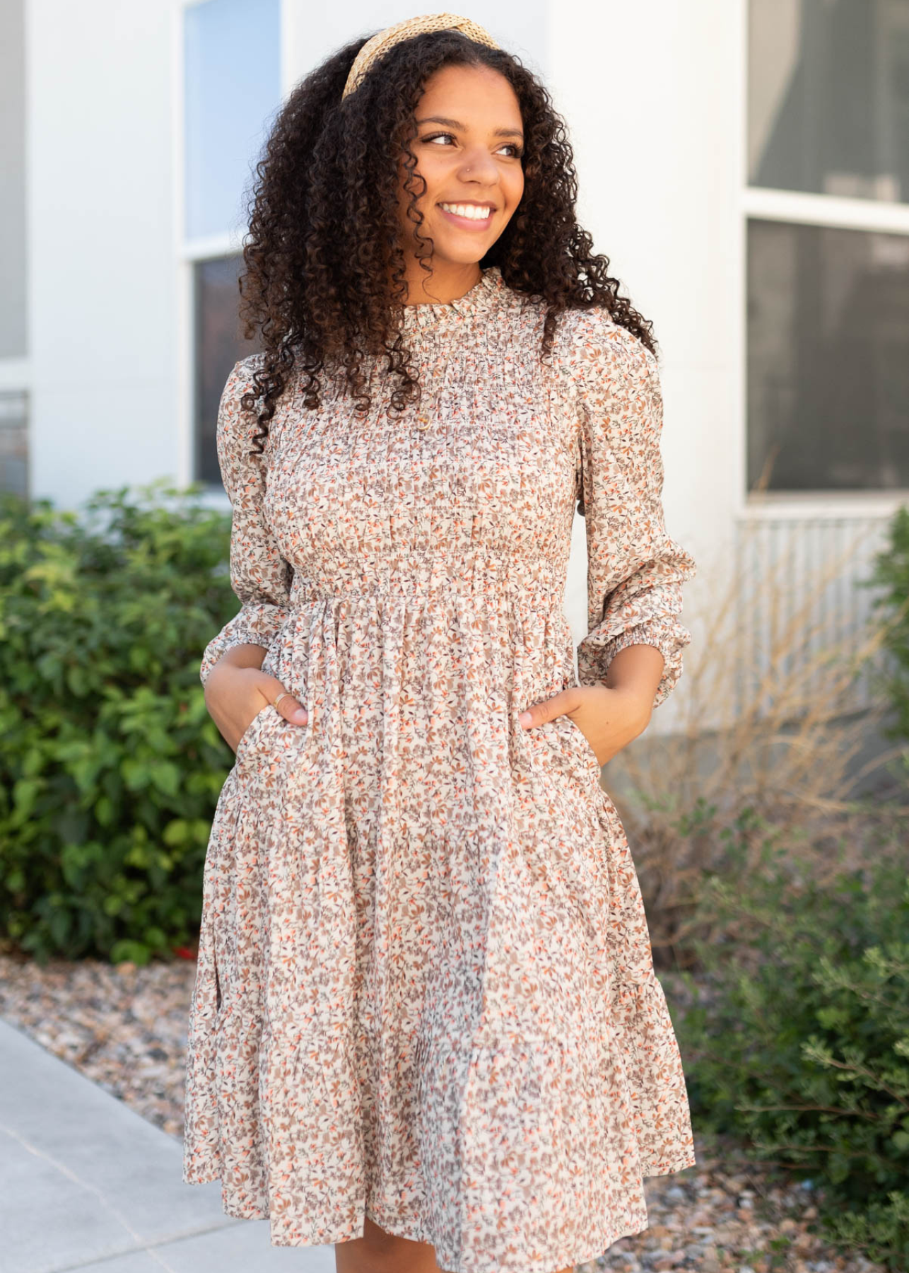 Kinzie Beige Floral Smocked Dress