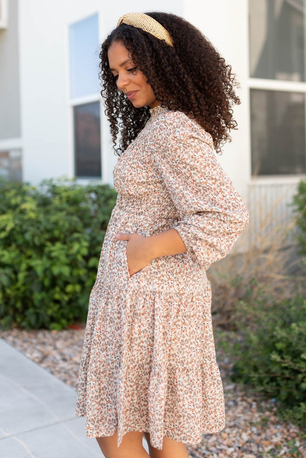 Kinzie Beige Floral Smocked Dress