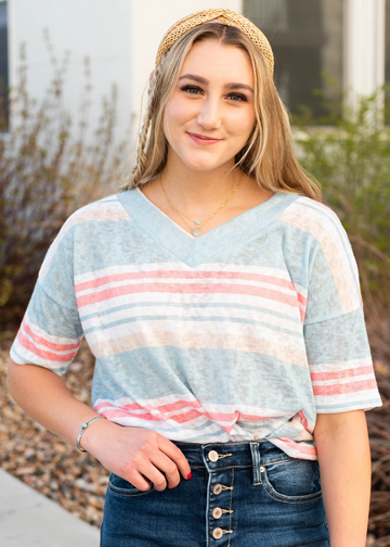 Kira Blue V-Neck Stripe Shirt