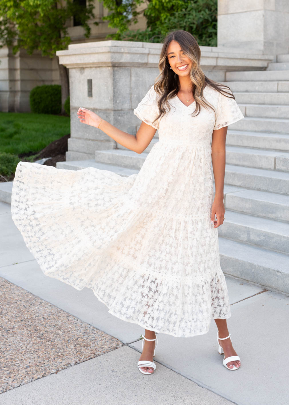 Kristina Cream Floral Lace Dress