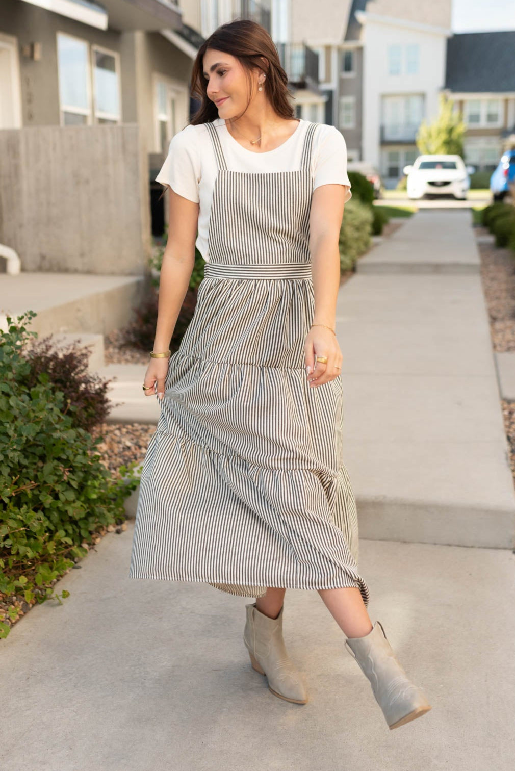 Lane Charcoal Stripe Overall Dress