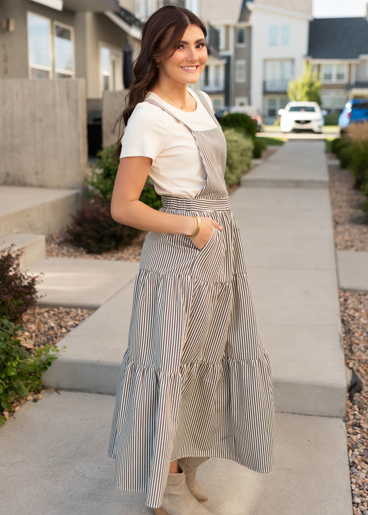 Lane Charcoal Stripe Overall Dress