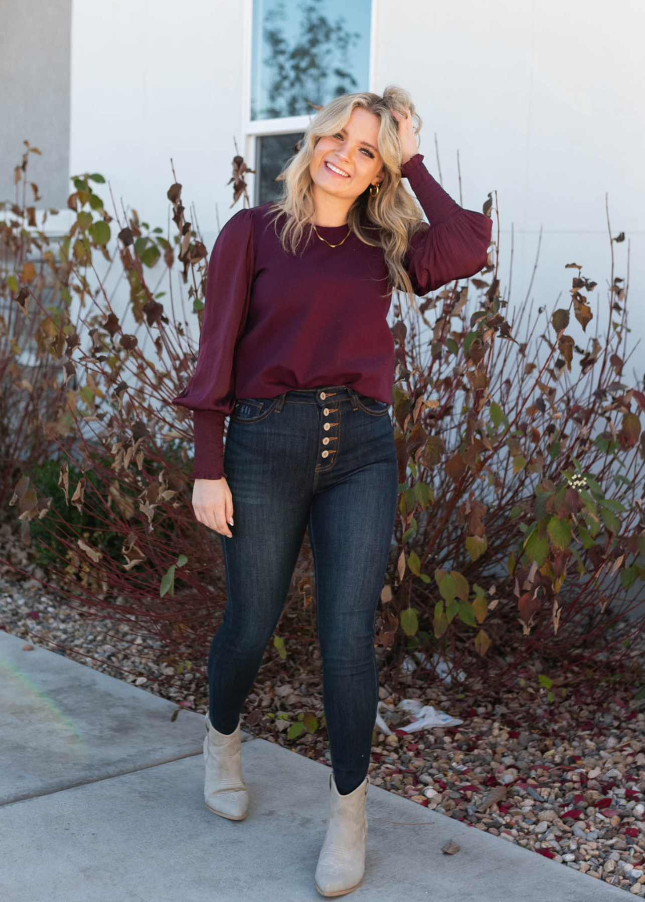 Larae Wine Satin Sleeve Blouse