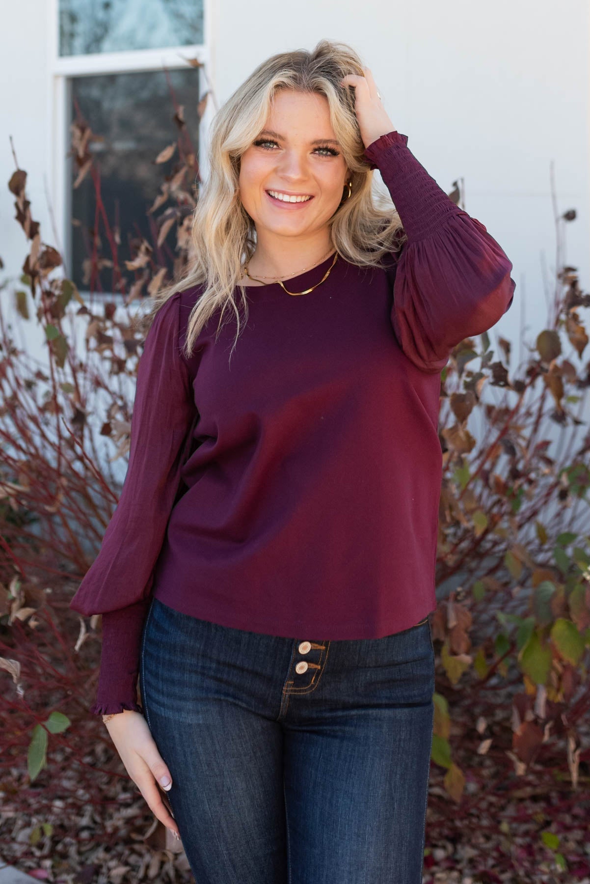 Larae Wine Satin Sleeve Blouse
