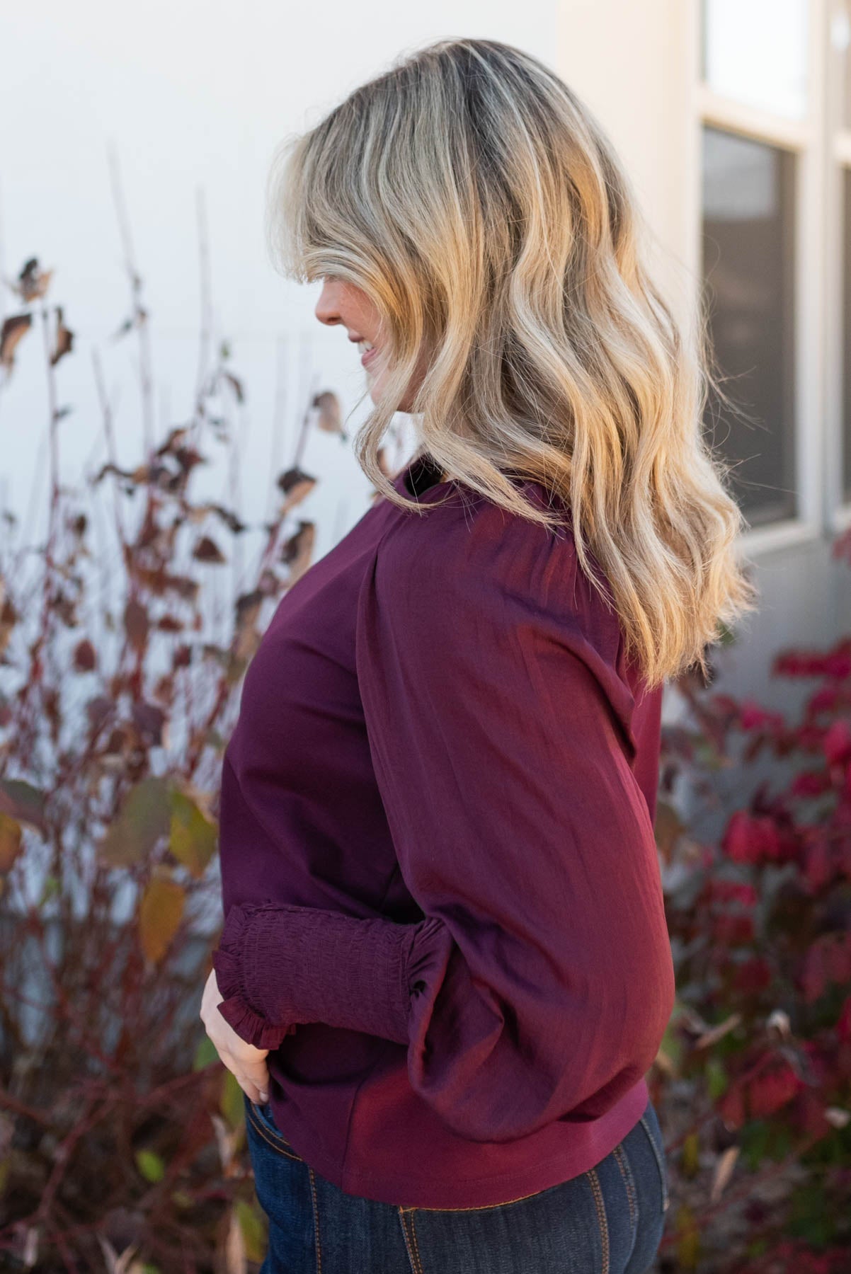 Larae Wine Satin Sleeve Blouse