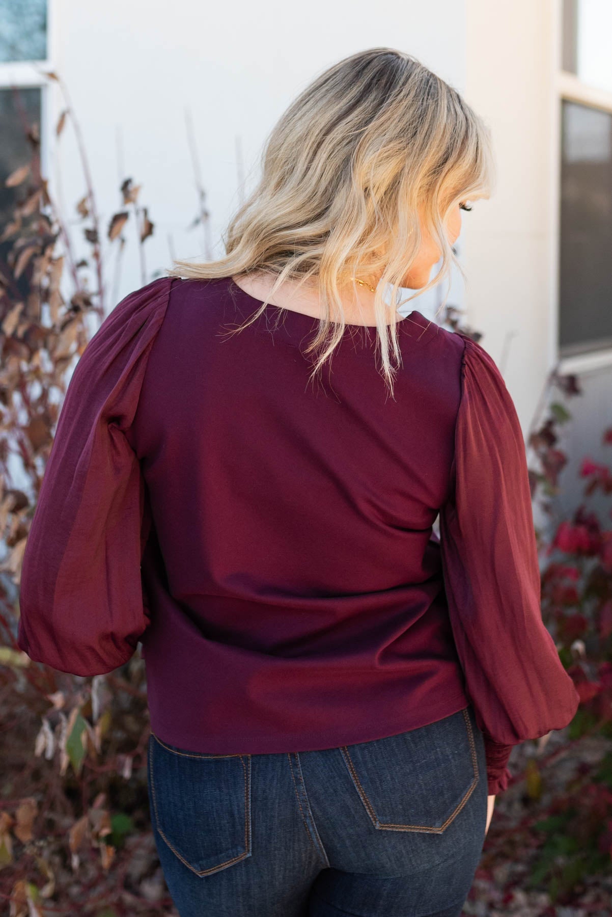 Larae Wine Satin Sleeve Blouse