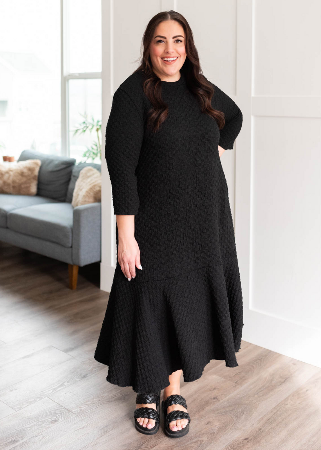 Larene Black Textured Ruffle Hem Dress