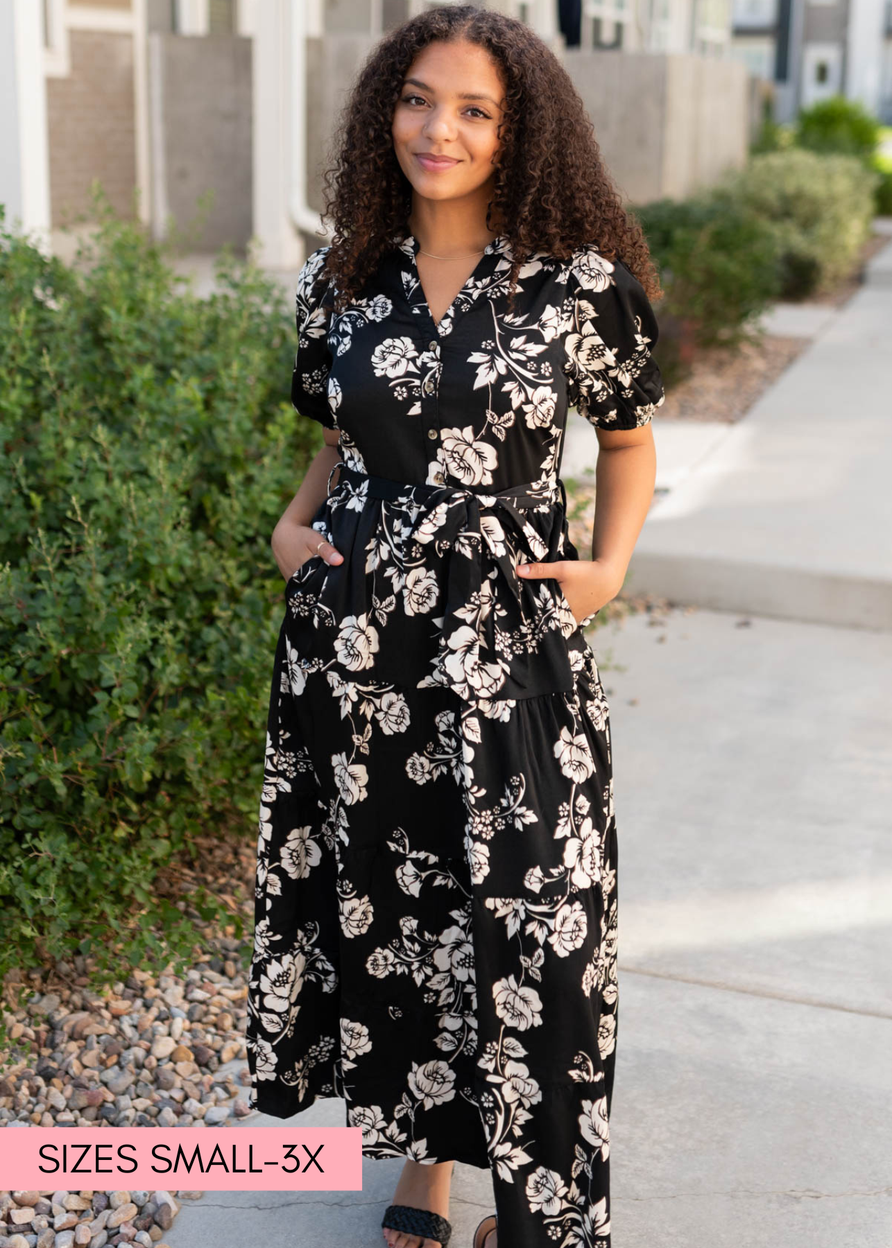 LeAnn Black Floral Button Tiered Dress