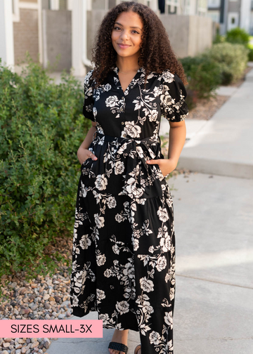 LeAnn Black Floral Button Tiered Dress
