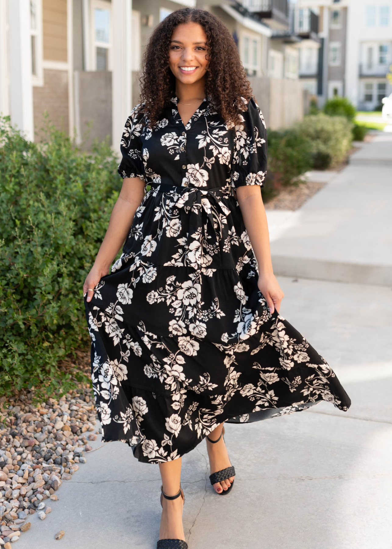 LeAnn Black Floral Button Tiered Dress