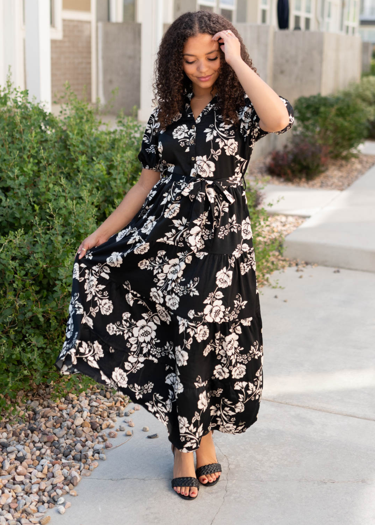 LeAnn Black Floral Button Tiered Dress