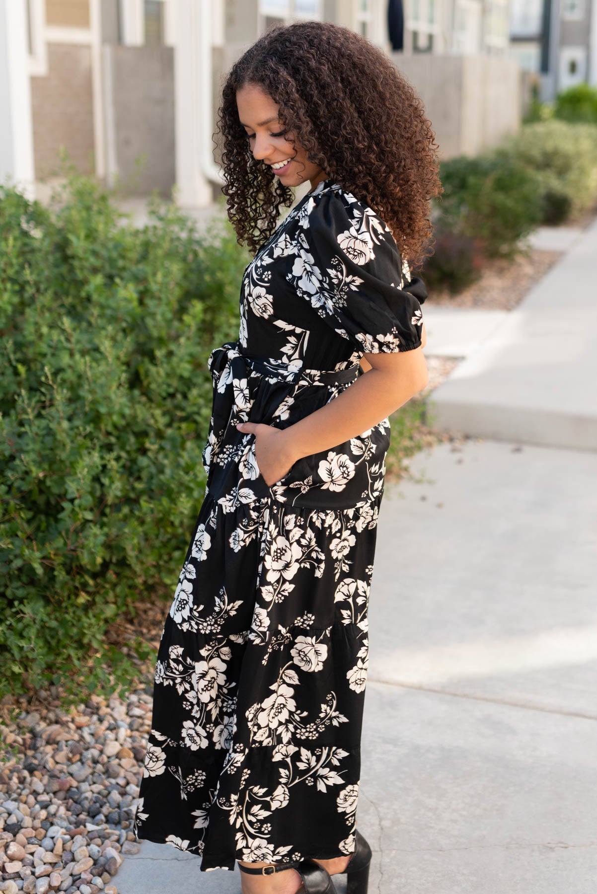 LeAnn Black Floral Button Tiered Dress
