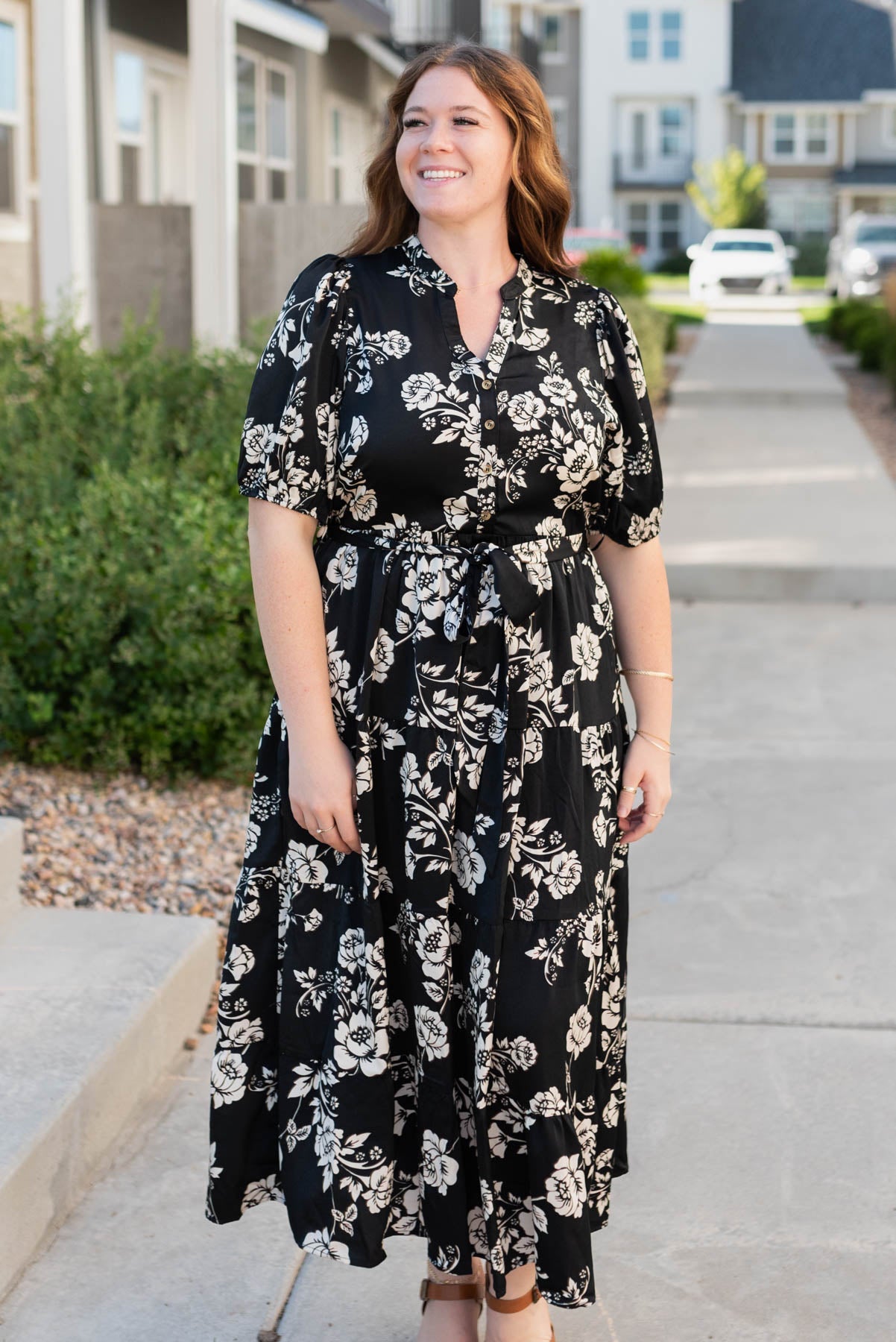 LeAnn Black Floral Button Tiered Dress