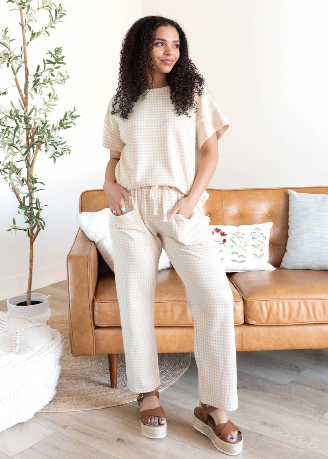 Leila Beige Gingham Knit Pants