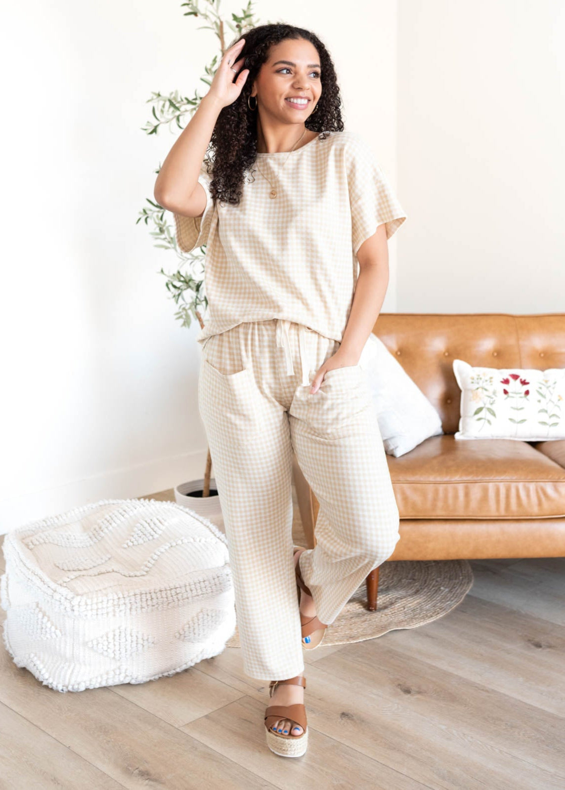 Leila Beige Gingham Knit Pants