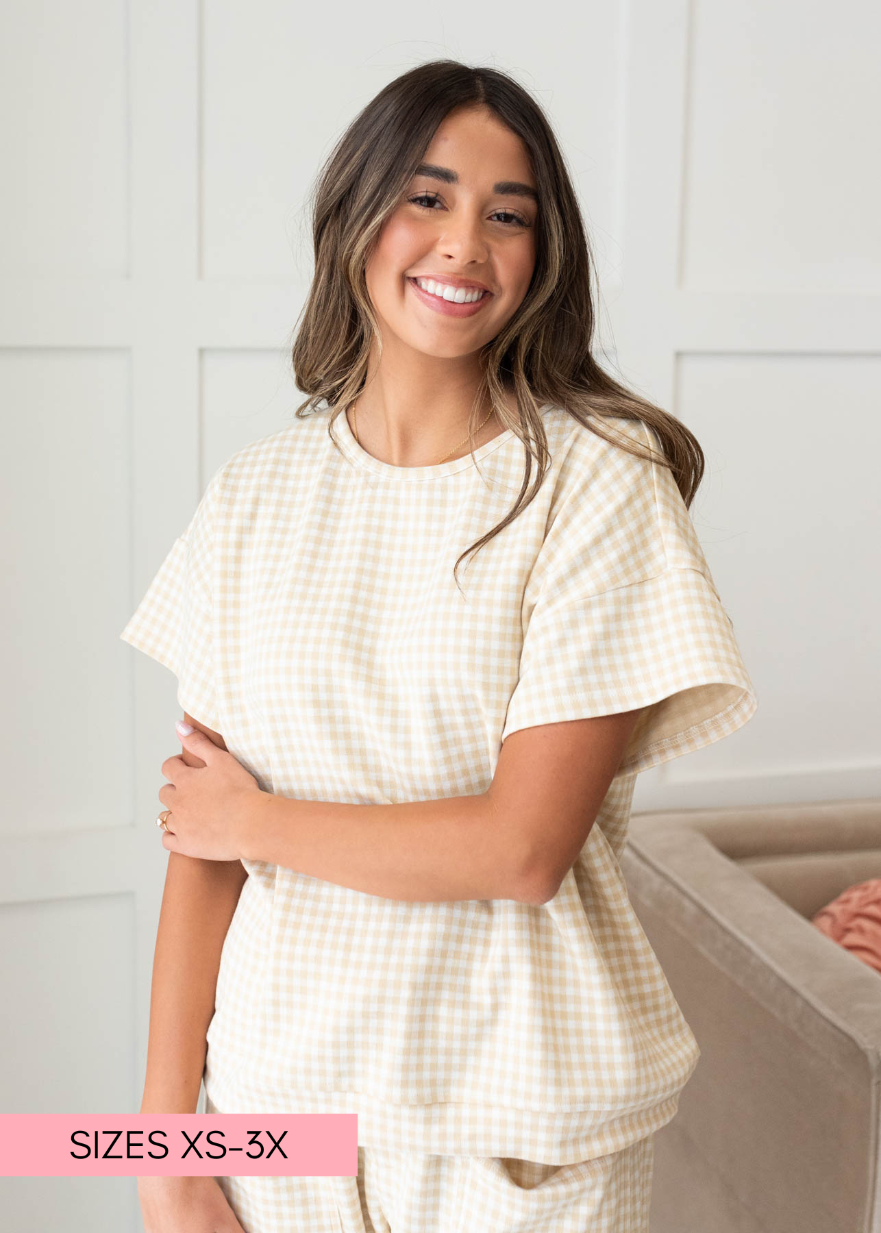 Leila Beige Gingham Knit Top