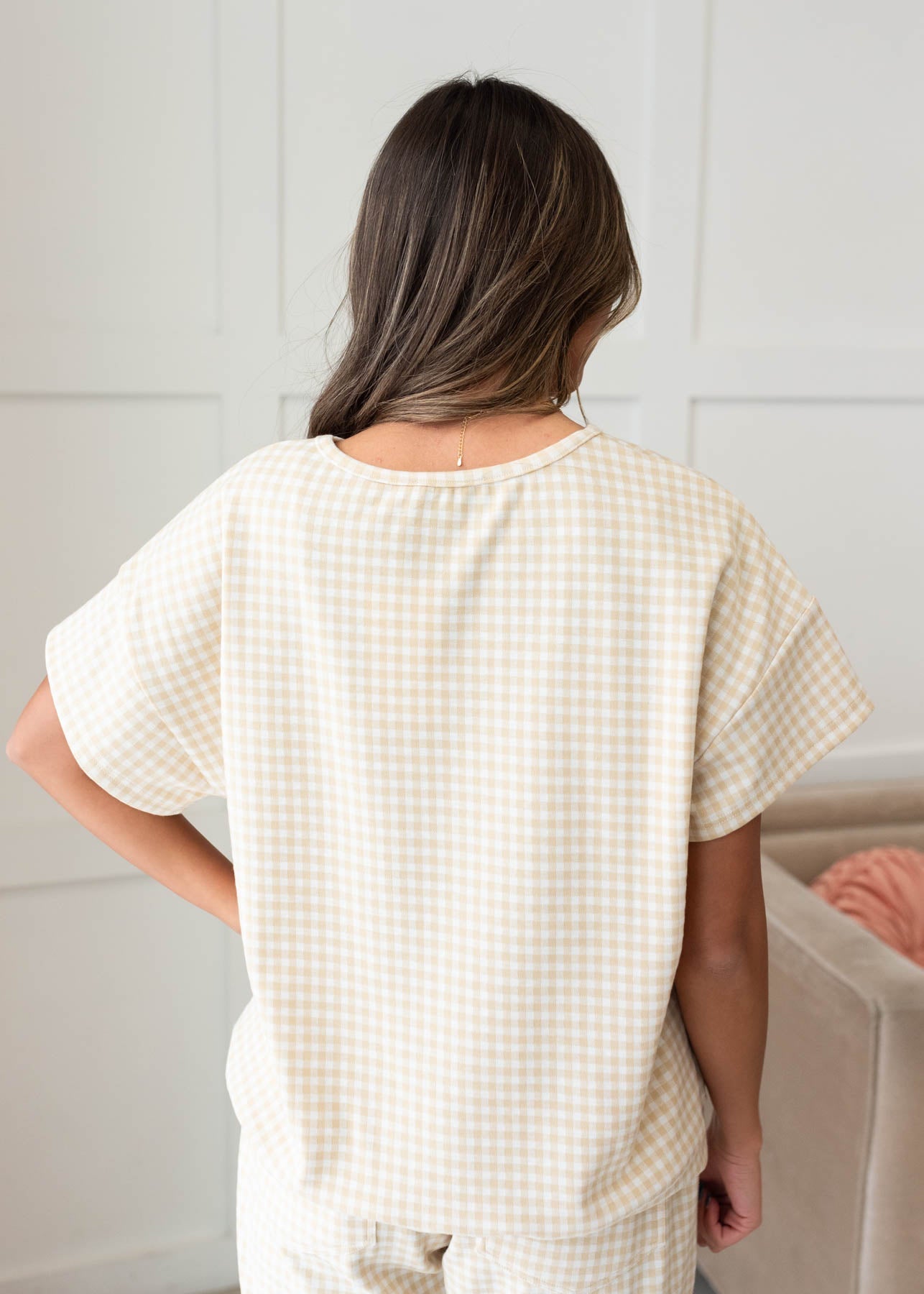 Leila Beige Gingham Knit Top