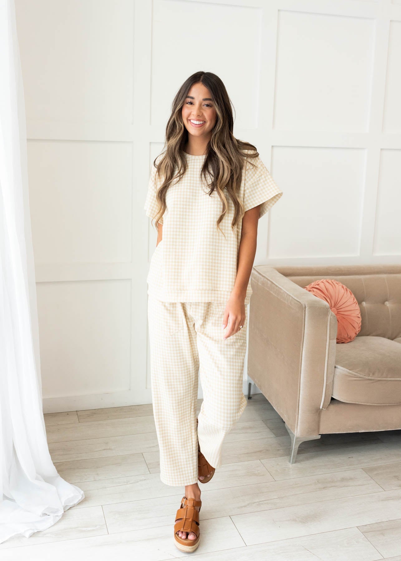 Leila Beige Gingham Knit Top