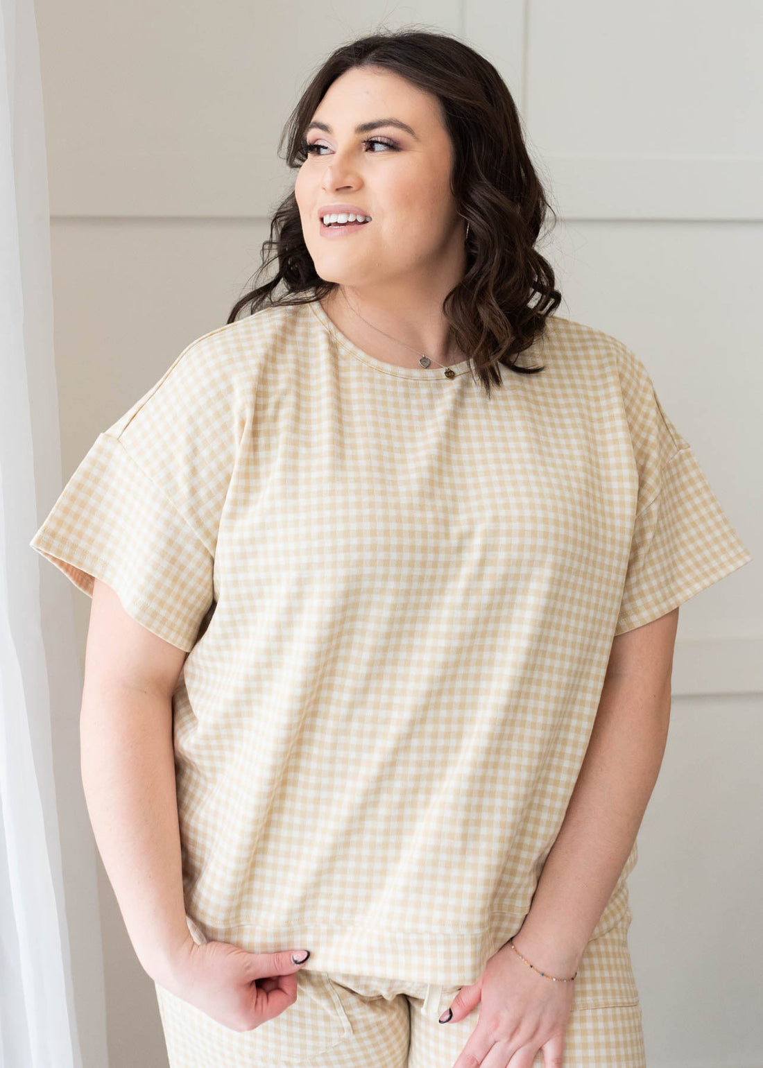 Leila Beige Gingham Knit Top