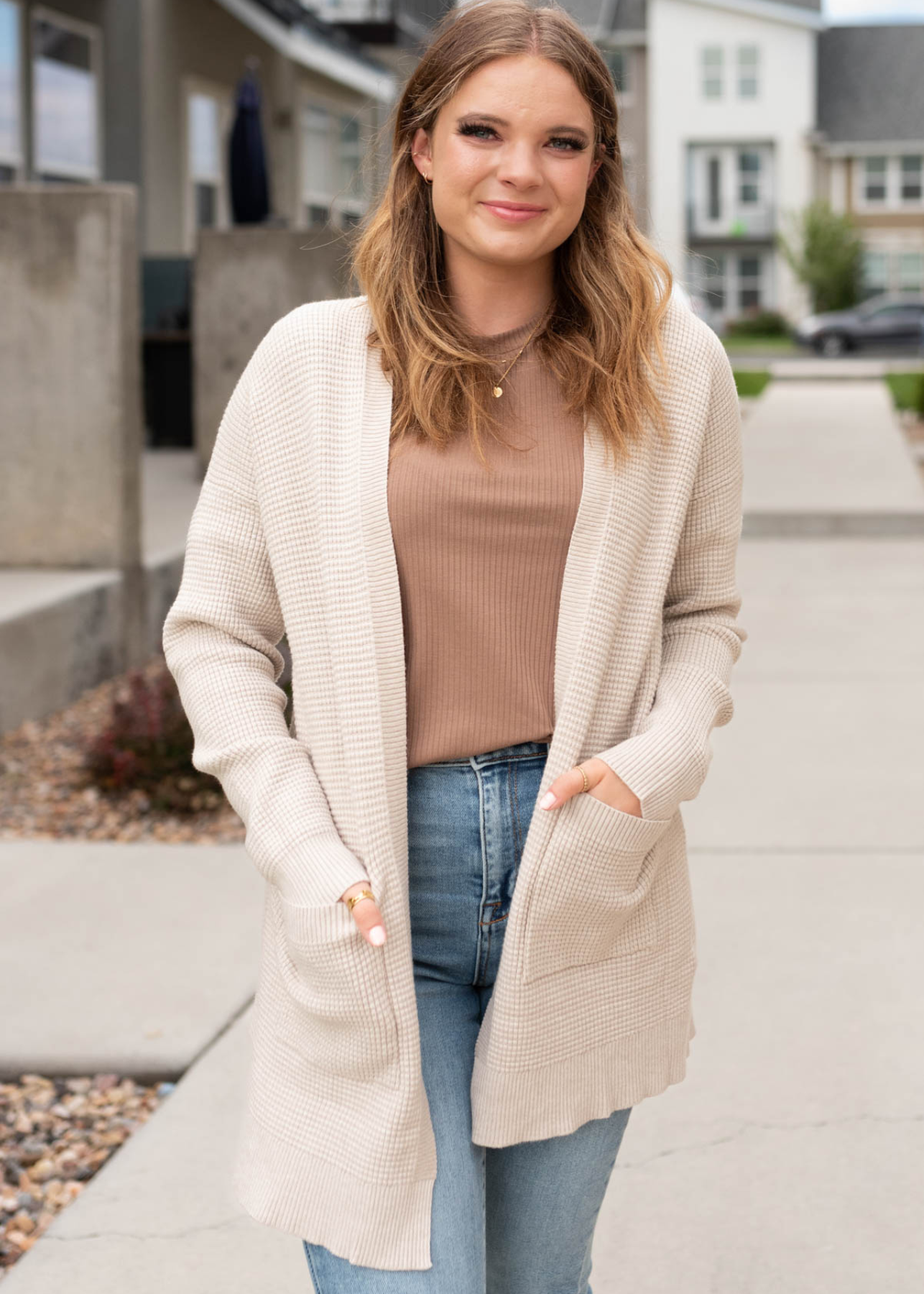 Leisha Oatmeal Waffle Knit Cardigan