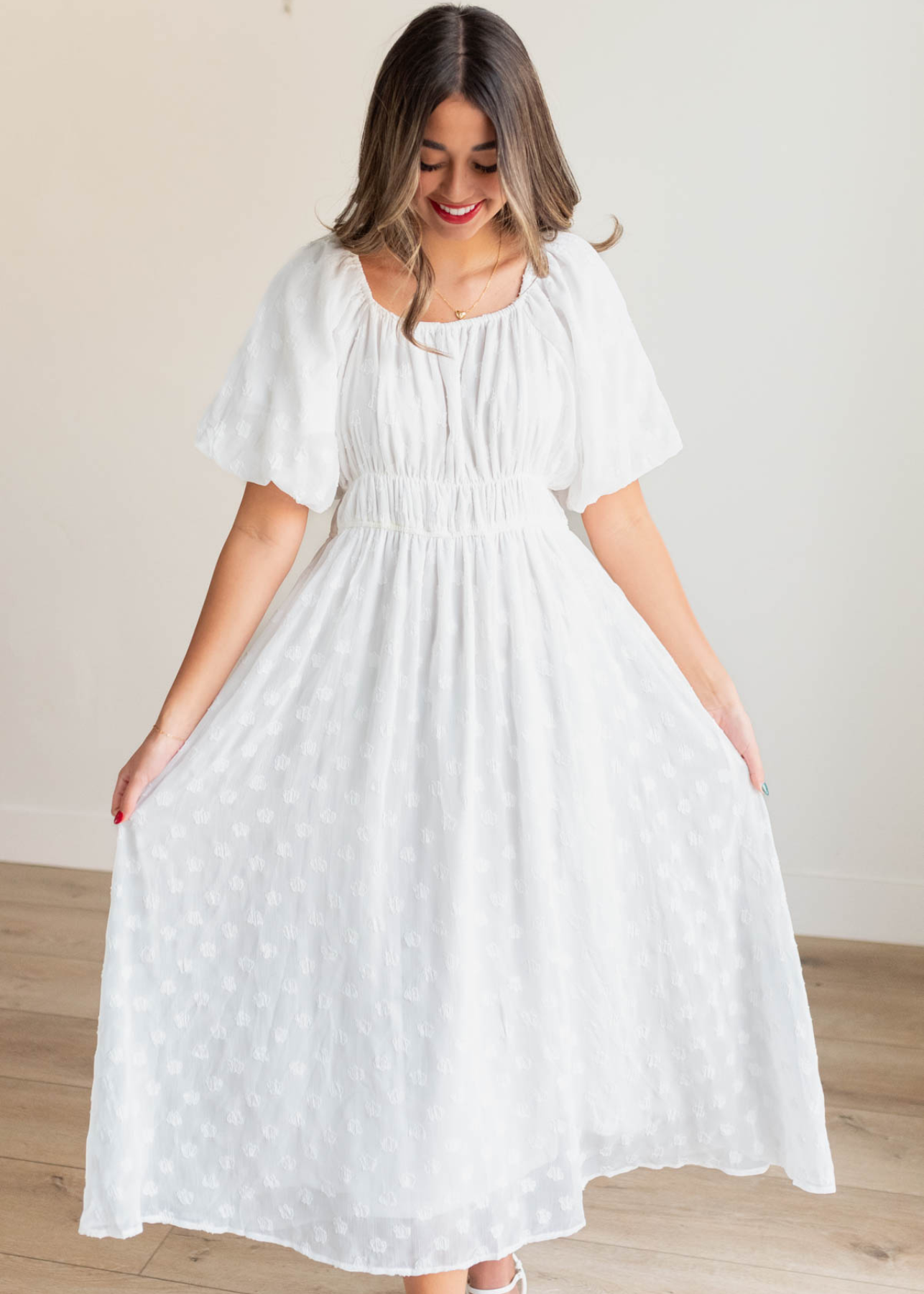 Lesley White Floral Square Neck Dress