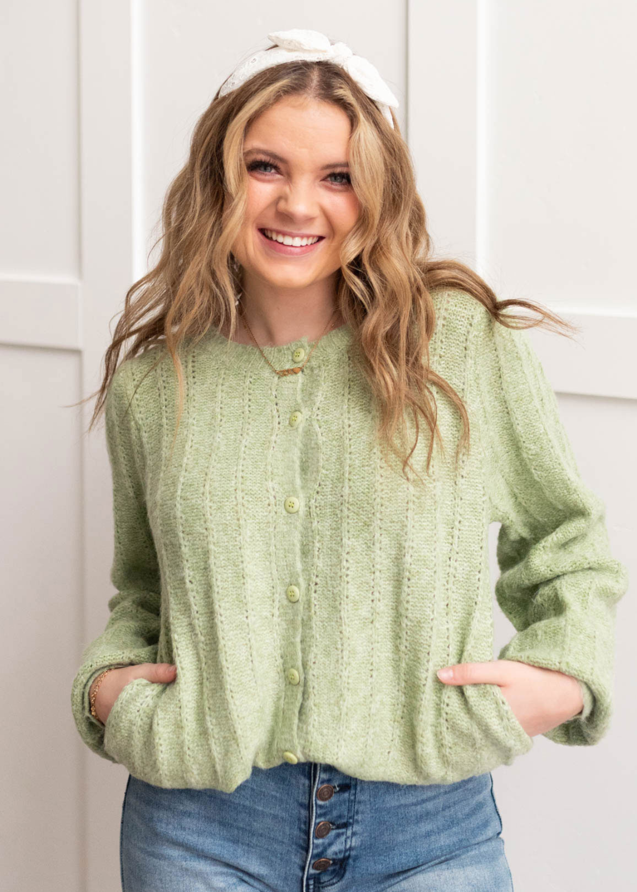 Lila Light Green Puff Sleeve Sweater