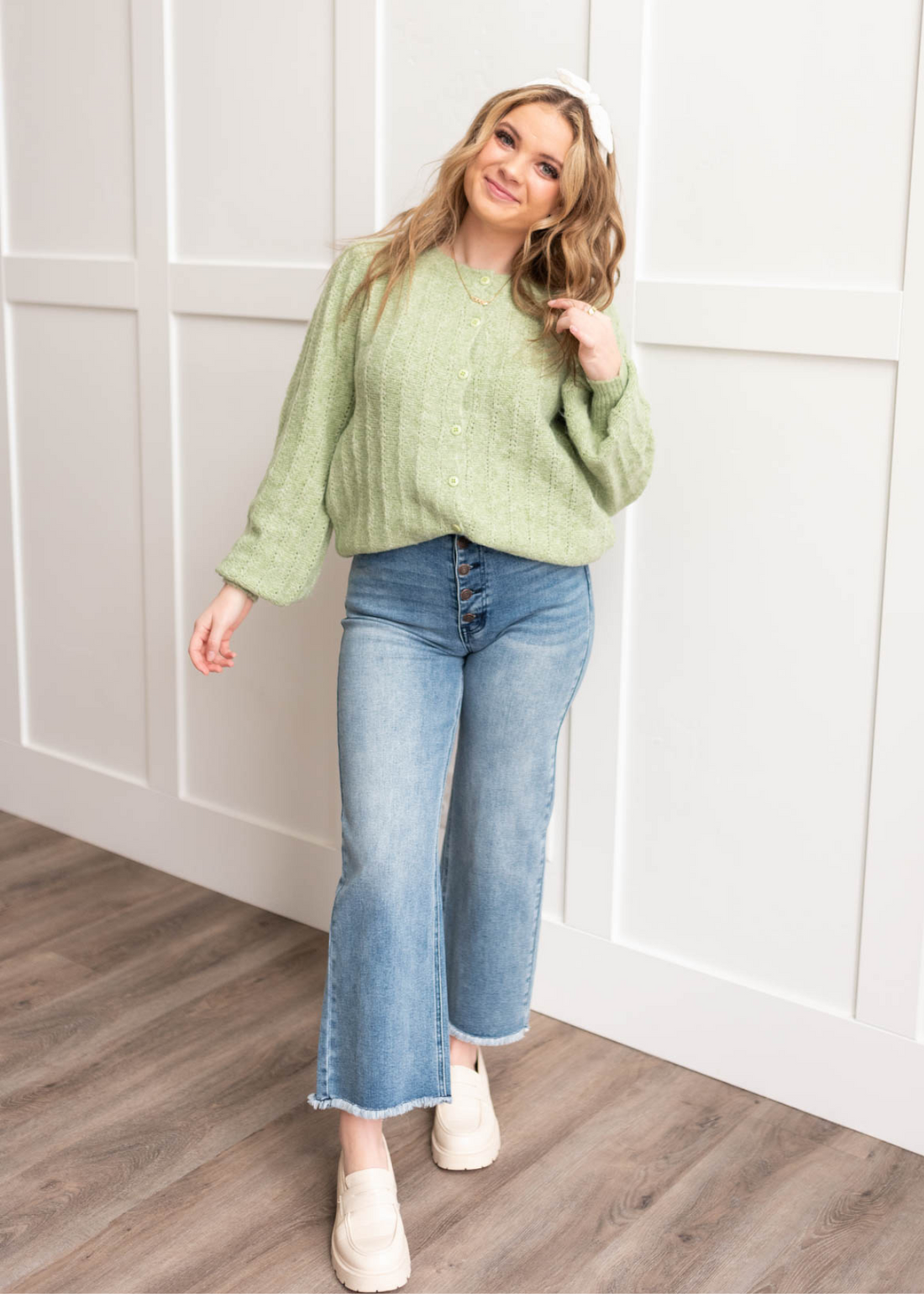 Lila Light Green Puff Sleeve Sweater