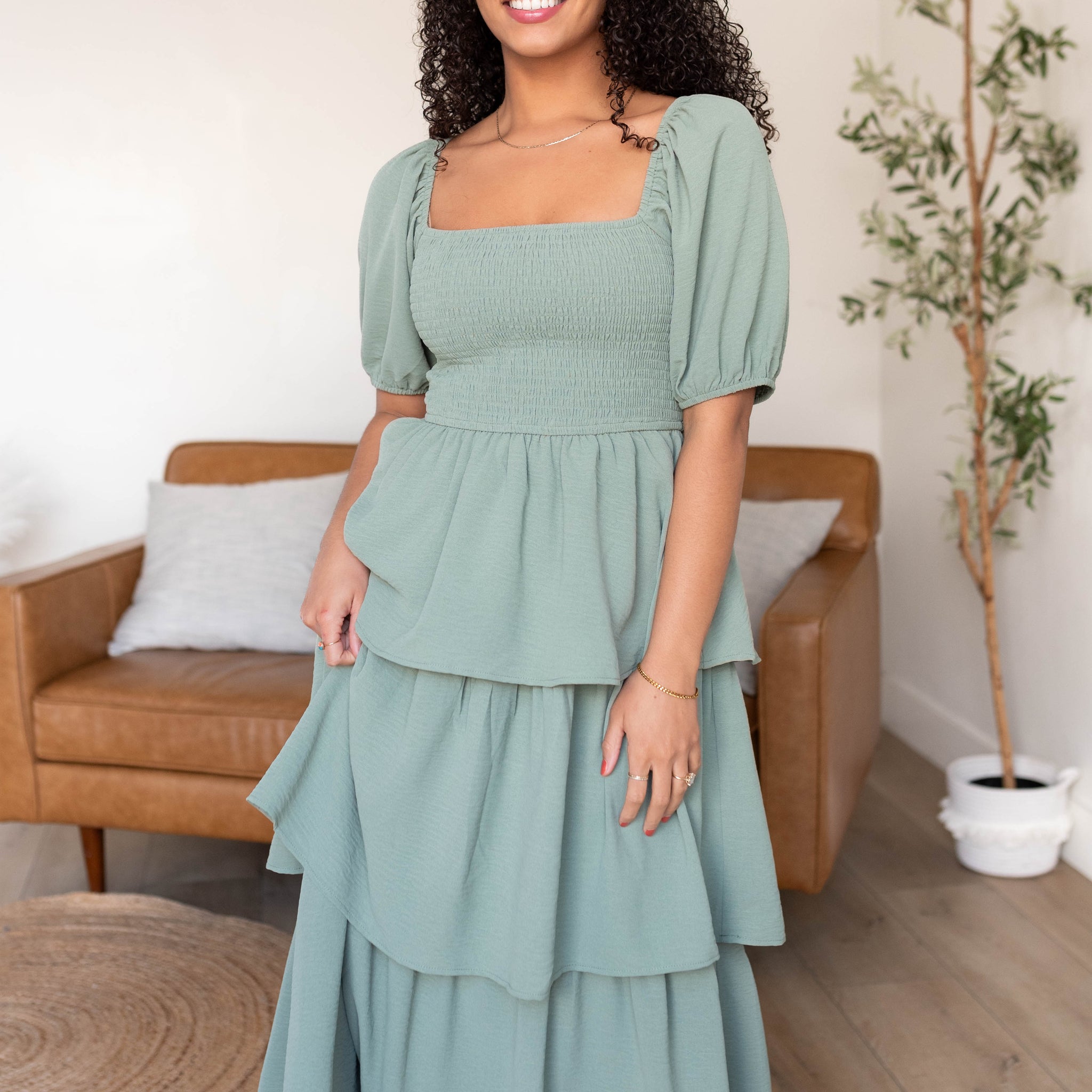 Livy Sage Square Neck Dress