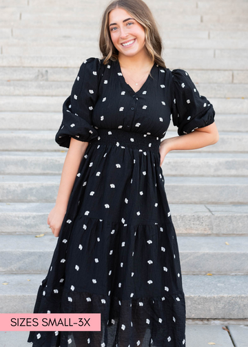 Liz Black Embroidered Button Dress
