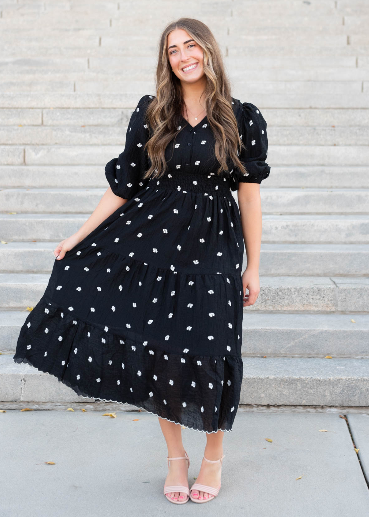 Liz Black Embroidered Button Dress