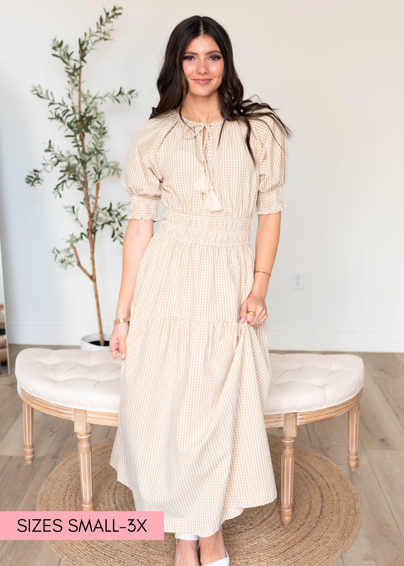 Lizzie Taupe Gingham Dress