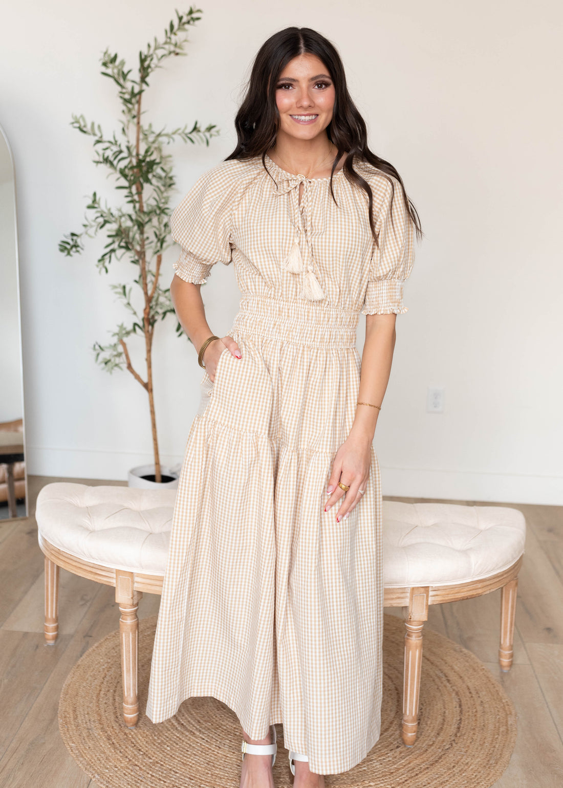 Lizzie Taupe Gingham Dress