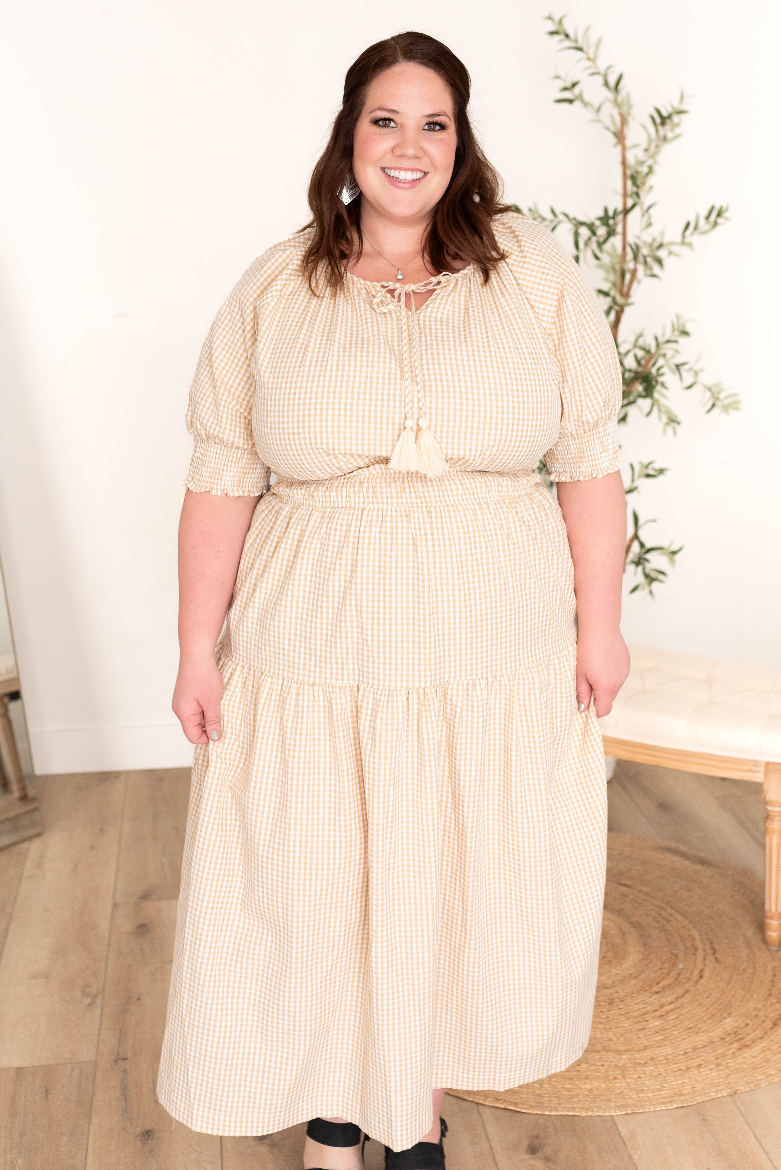 Lizzie Taupe Gingham Dress