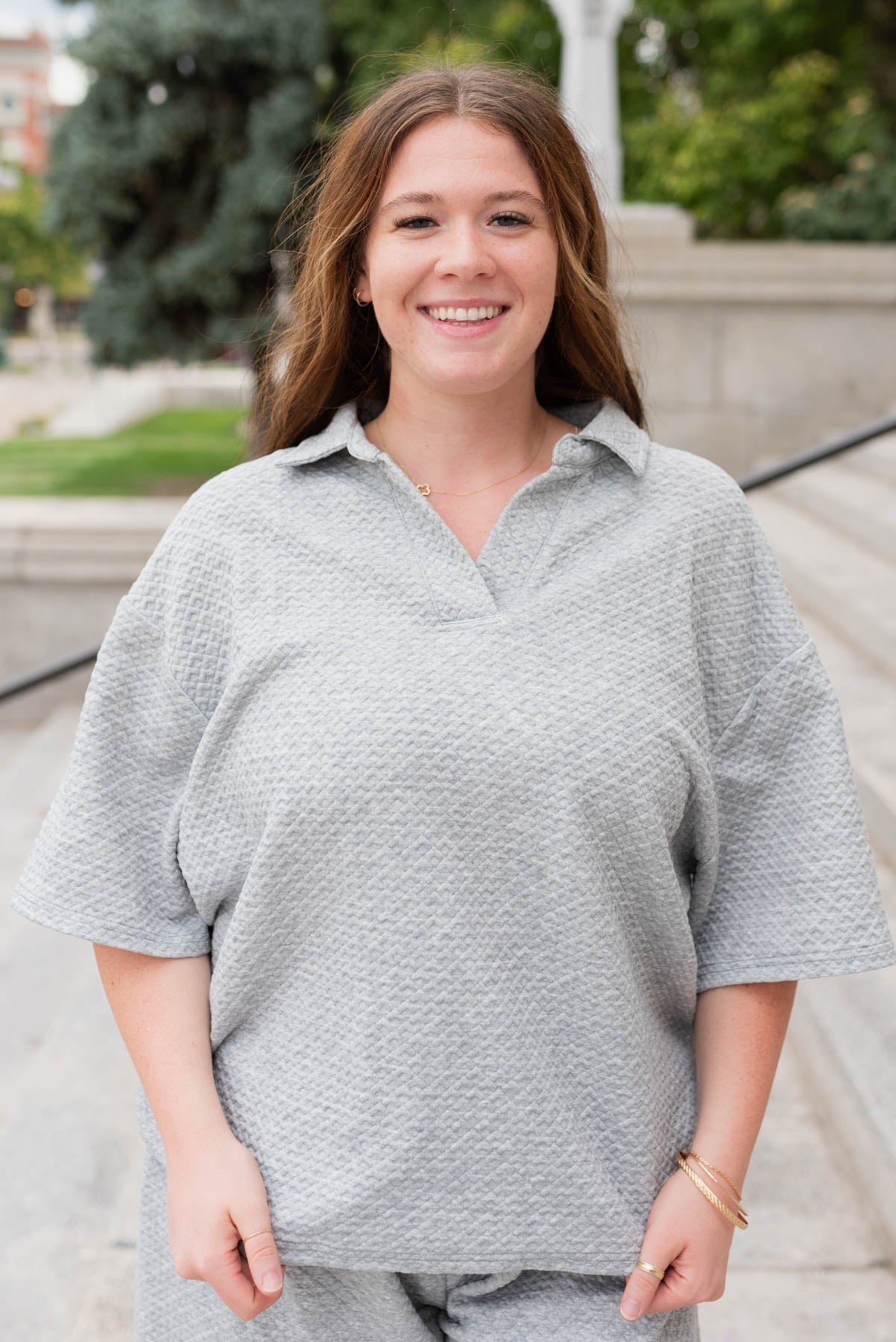 Loanna Heather Grey Collared Knit Top