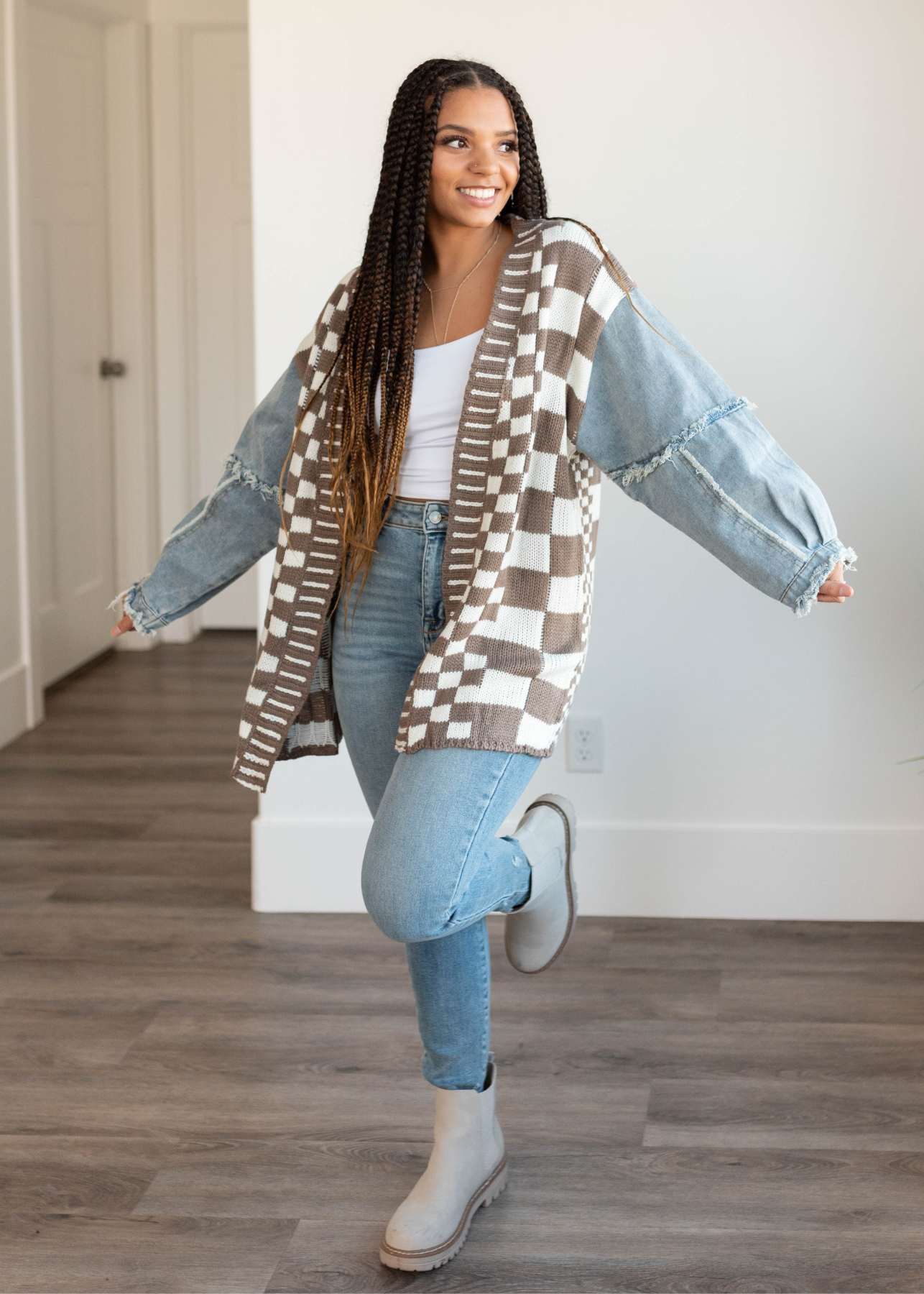 Lora Mocha Gingham and Denim Cardigan