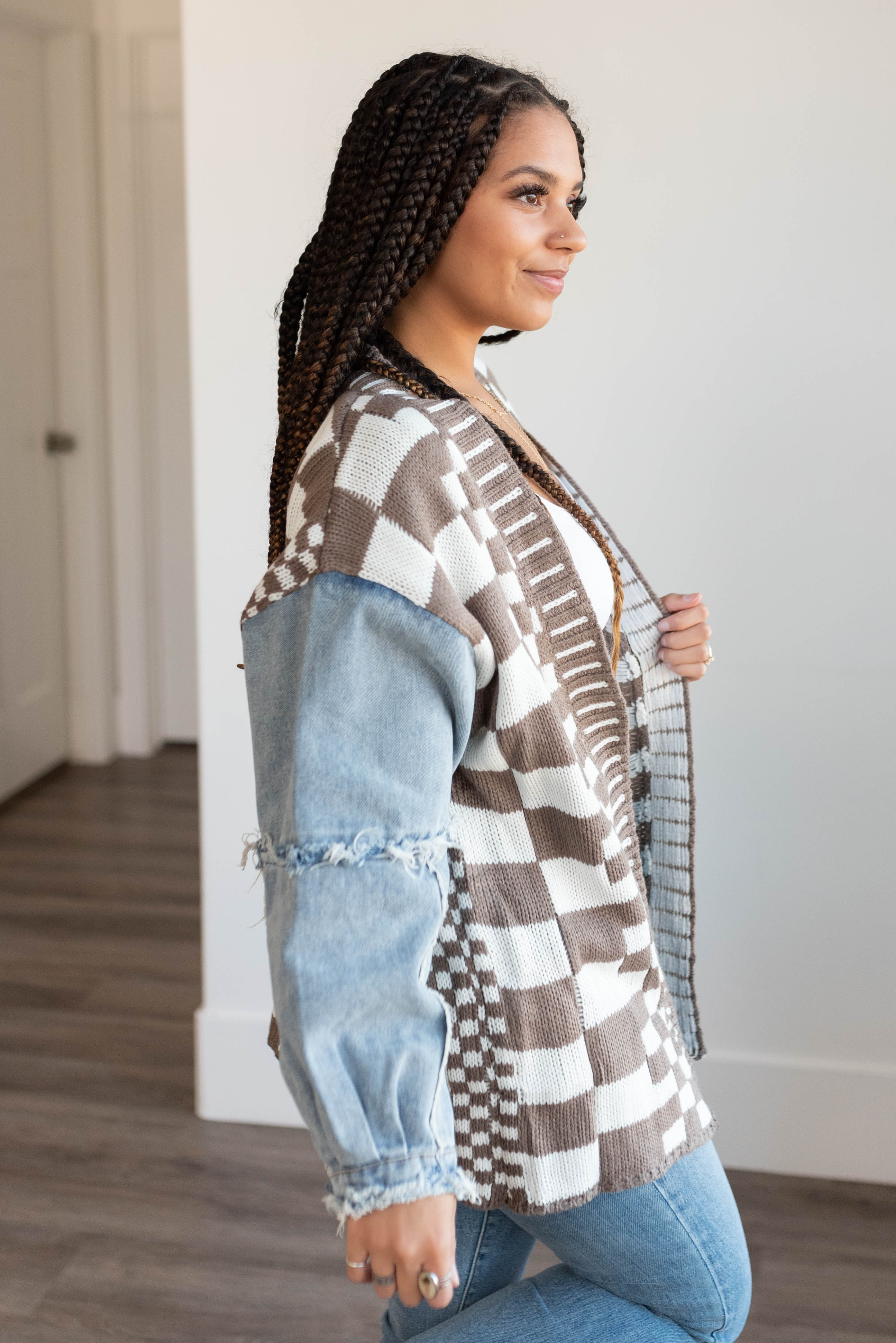 Lora Mocha Gingham and Denim Cardigan