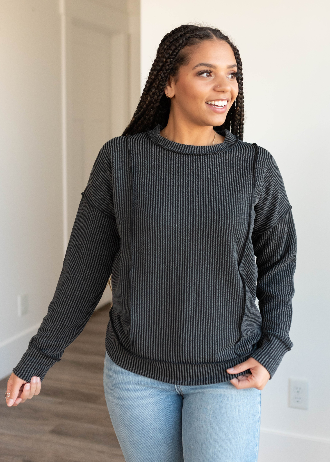 Lucy Charcoal Ribbed Long Sleeve Top