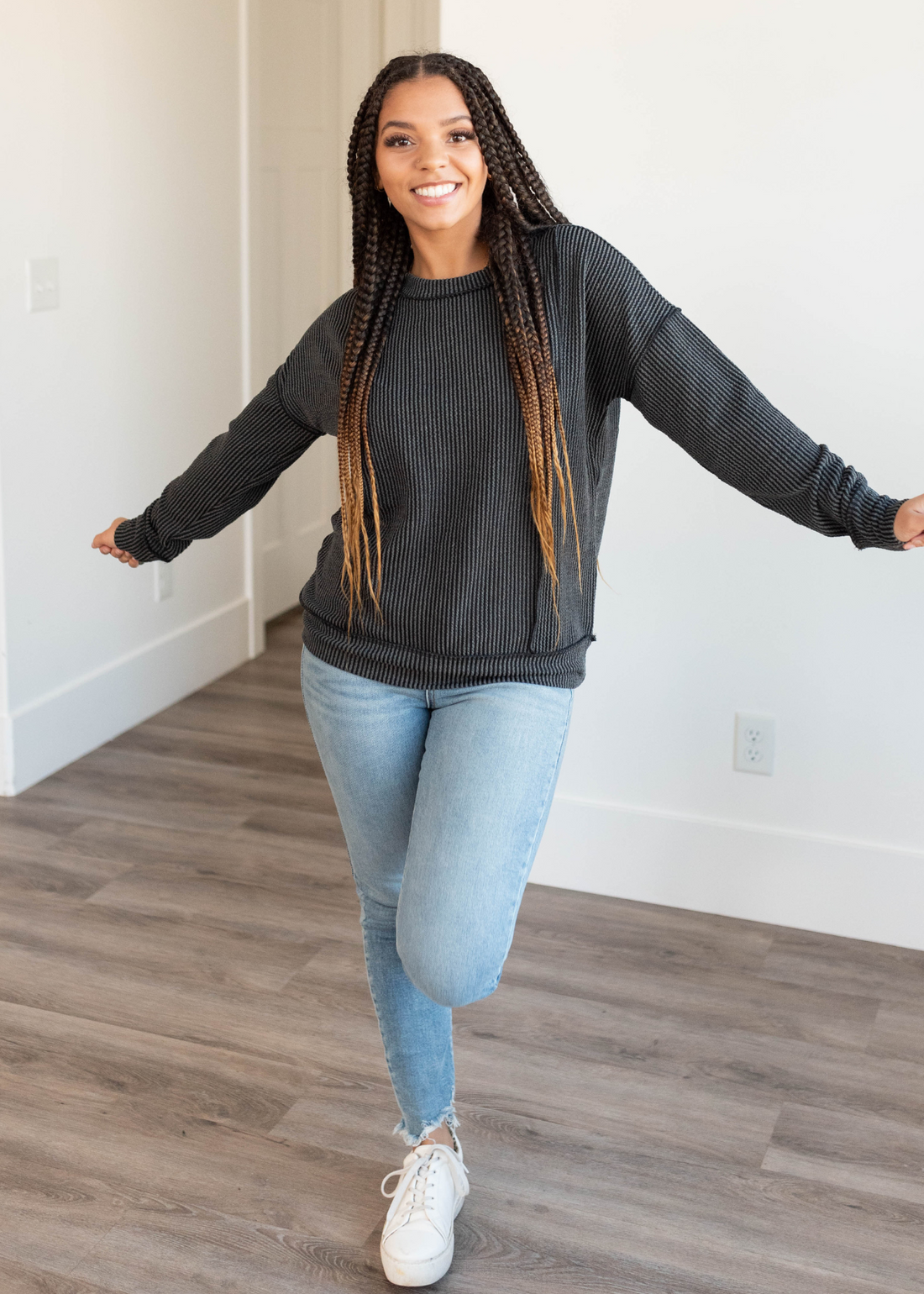 Lucy Charcoal Ribbed Long Sleeve Top