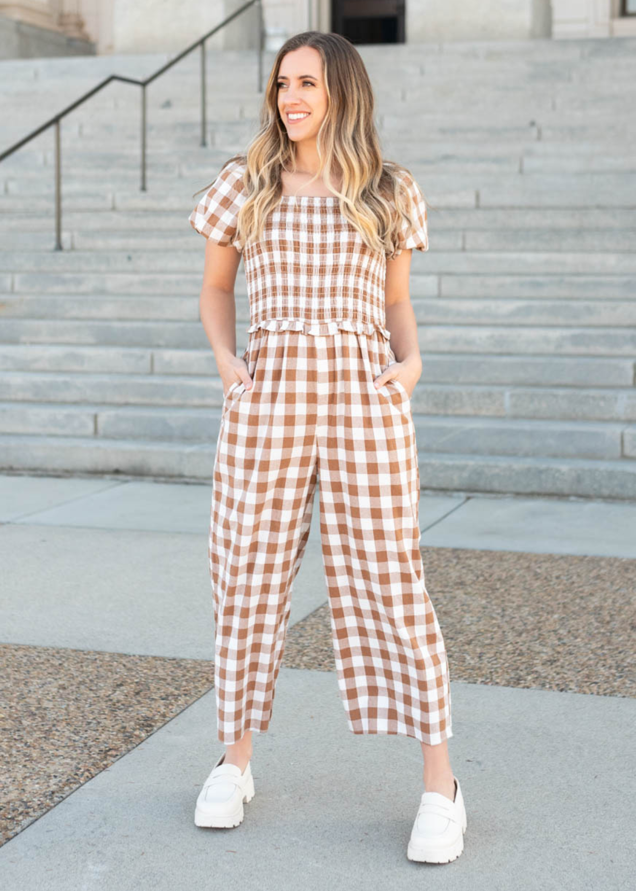 Lulu Taupe Gingham Jumpsuit
